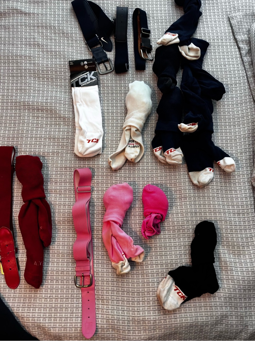 Lot of Baseball Socks and Belts - White, Navy, Pink, Black, Red, Columbia blue